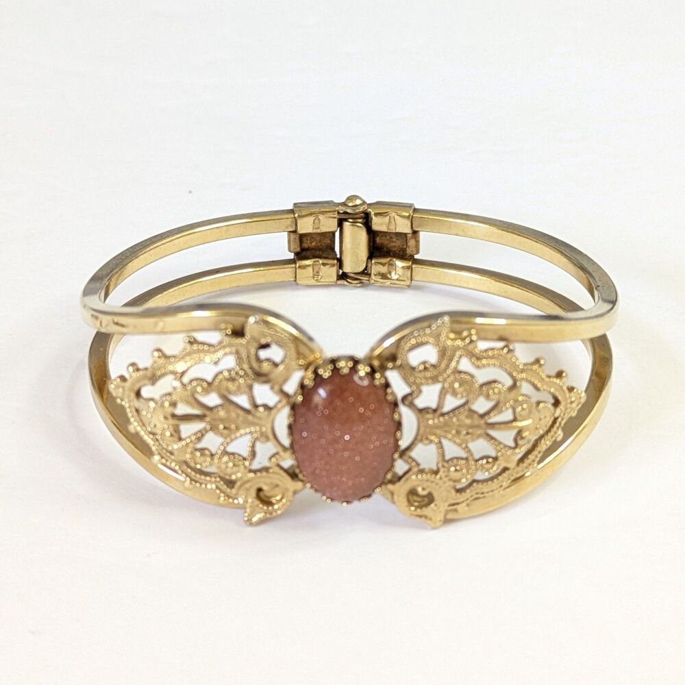 Vintage Goldstone Gold Tone Filagree Clamper Hinged Cuff Bracelet Ornate 5.75"
